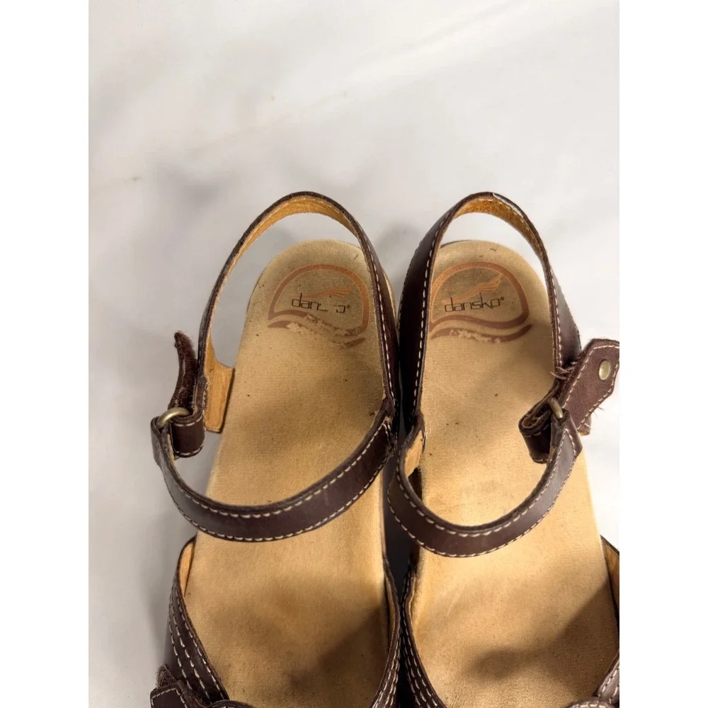 Dansko Womens Sara Brown Leather Wedge Sandals Clogs 37 Comfort Wooden Chunky